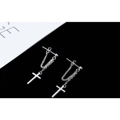 Female Earring Cross Punk Style Ear Clips On Earrings Sterling Silver Double Crosses Chain Fashion Stud Earings For Women