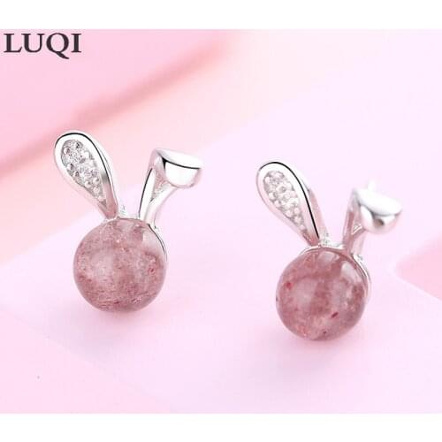 Fashion Womens S925 Silver Plated Platinum Rabbit Ears Strawberry Spar Personalized Sweet Stud Earrings E128