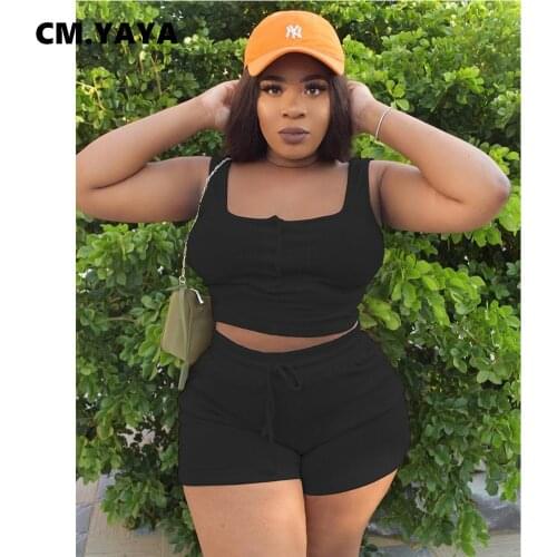 CM.YAYA Women Plus Size Set Sleeveless Square Collar Crop Tops Drawstring Waist Shorts Two 2 Piece Sets Tracksuit Summer Outfit