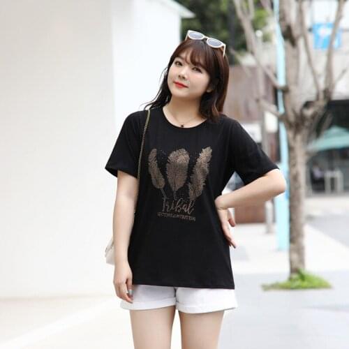 2XL To 7XL Plus Size T-shirt Women Tops Short Sleeve Beading Feather O-neck Casual Summer Shirts Outerwear T9369