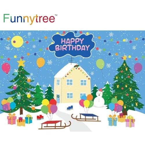 Funnytree Happy Birthday Cartoon Pig Backdrop Snowman Balloon Sled Tree Kids Gift Newborn Baby shower Custom Poster Background