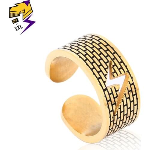 Hiphop Stainless Steel Wide Lightning Rings Engraving Wall Shape Silver Black Rings for Male Female Hollow fulmination Bague