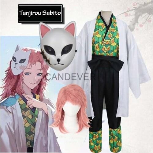 Anime Demon Slayer Sabito Kimetsu No Yaiba Cosplay Costume Kids Men Women Kimono Uniform Halloween Party Costume Wig Mask child