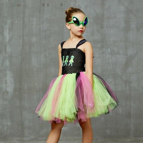 Girls Green Alien Costume with Glasses Kids Fancy Tutu Dresses Halloween Costume Baby Cosplay Dress For Show Carnival Disguise