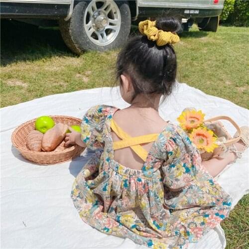 2021 Summer New Arrival Girls Fashion Floral Dress Kids Back Cross Dresses