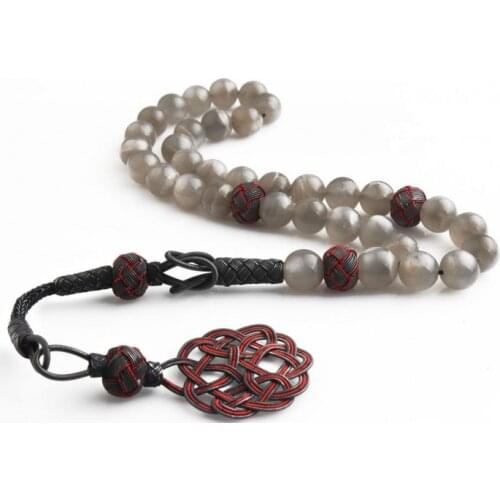 33 Beads Moon stone Muslim Prayer Tasbih Misbaha Islamic Jewelry Subha Capsule Cut Tassel 925 Caliber Silver