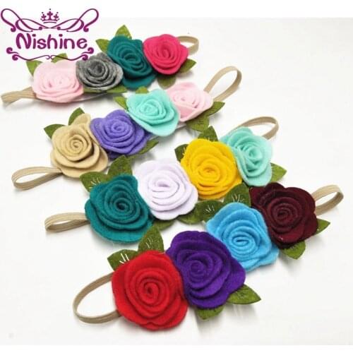 Nishine 10pcs/lot Girls Felt Flower Crown Headband Rose Leaves Hairband Elastic Flower Headwear for Newborn Photography Props