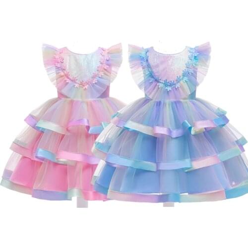 2021 European And American New Childrens Skirt Girls Net Gauze Puffy Princess Cake Kids Birthday Dress Lace Sequins Ball Gown