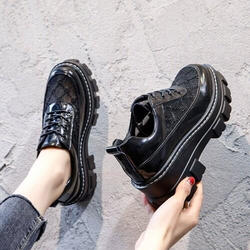 2021 New Summer British Leather Shoes Womens Thick-soled Shoes Mesh Hollow Short Breathable Womens Shoes Luxury Shoes