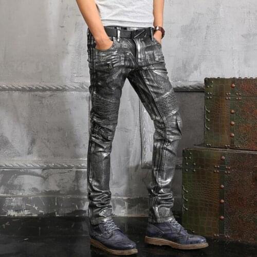 New Top Quality Spring New Fashion Mens Punk Silver Paint Pants Slim Fit Long Mid Waist Skinny Jeans Causal Trousers Size 28-42