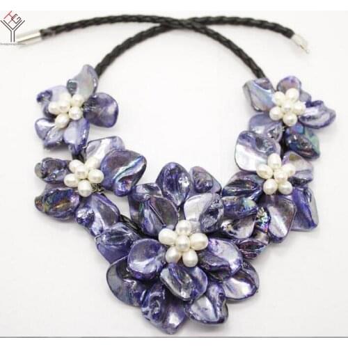 Wedding Women Jewelry natural white pearl 5 flower pendant Bright deep blue shell mother of pearl necklace black leather 18"