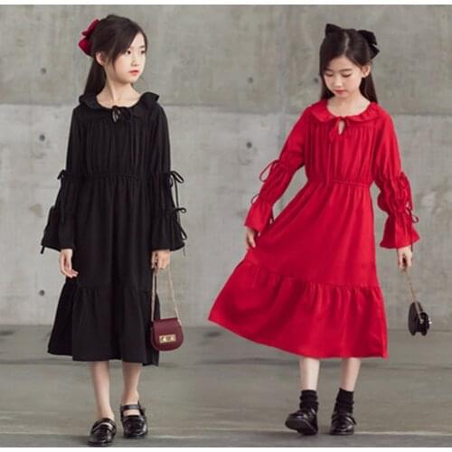 6-15 Years Teenage Kids Long Sleeve Dress For Girls Mid Calf Princess Dress Little Big Girls Clothes Cute Childrens Clothing
