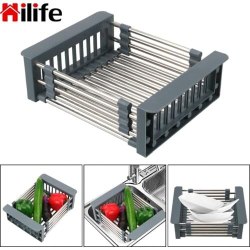 HILIFE Adjustable Sink Dish Drainer Dish Drying Rack Telescopic Sink Storage Rack Kitchen Organizer Drain Basket Stainless Steel