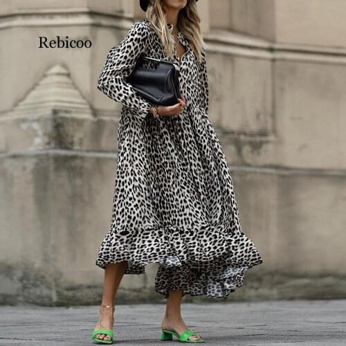 Leopard Women Dress Autumn Fashion Long Sleeve V Neck Plus Size Loose Maxi Long Dresses 3XL Office Ladies Retro Causal Vestidos