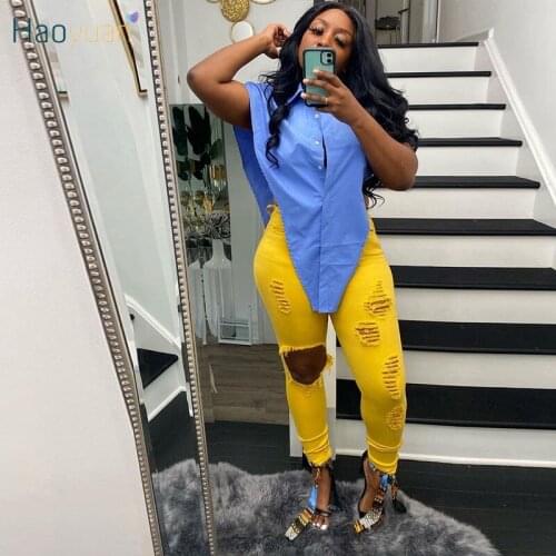 HAOYUAN Sexy Button Up Loose Long Tops Short Sleeve Summer Vacation Outfits Y2k Clothes Irregular T Shirts Top Night Clubwear