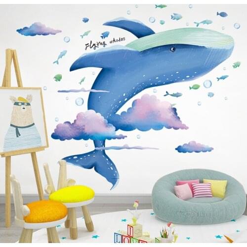 [SHIJUEHEZI] Whale Clouds Wall Stickers DIY Fish Animal Mural Decals for Kids Rooms Baby Bedroom Bathroom Home Decoration
