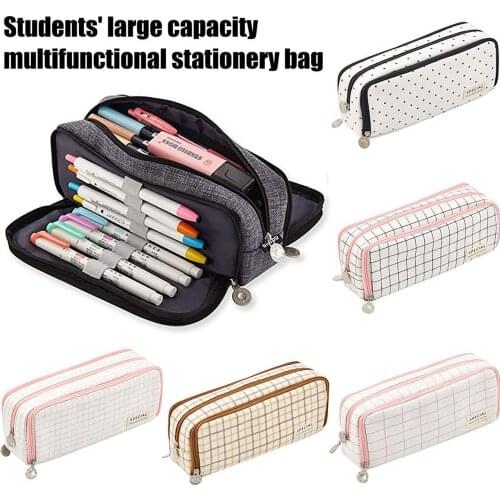 School Students Multifunctional Double Zipper Portable Canvas Large Capacity Pencil Case Ladies cosmetic Brush bag Box 2021