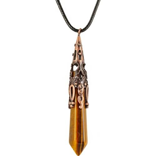 TUMBEELLUWA Healing Crystal Hexagonal Prism Pendant Necklace Reiki Stone Point Pendulum Cord Chain Antique Jewelry for Women Men