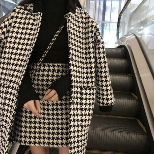 Wenfly Women Plaid Thick Warm Two 2 Piece Sets Set Woolen O-Neck Outerwear Jacket Outerwear High Waist Mini A-line Skirt Outfits