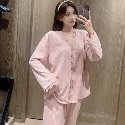 Autumn Womens 2Pcs V-neck Lace Pajama Set Home Clothes Fashion Long-Sleeved Loose Pink Velvet Sleepwear