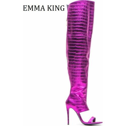 Summer Women Metallic Leather Sandals Boots Open Toe Stiletto Heels Over the Knee High Boots Female Runway Banquet Botas 2021