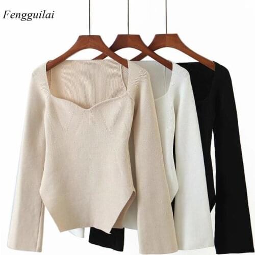 Womens Fashion Square Neck Long Sleeve Womens Sweater Knit Pullover Womens Spring and Autumn Sweater Winter Tops Black White