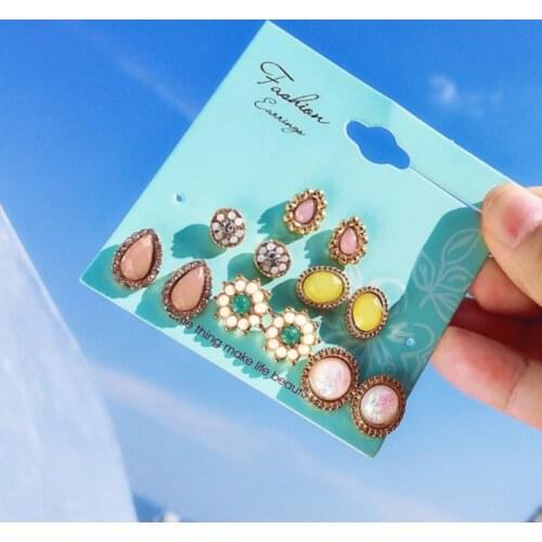 Womens Earrings Set Pearl Earrings For Women Bohemian Fashion Jewelry Geometric Crystal Heart Stud Earrings 6 Pairs/Set