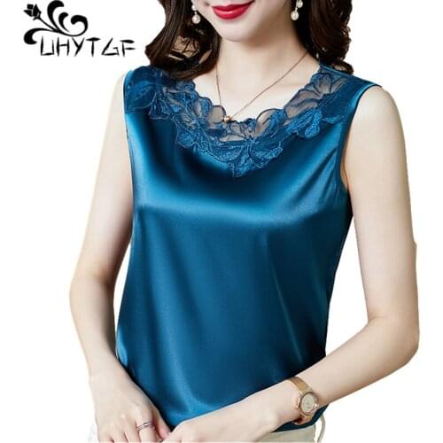 UHYTGF Sleeveless Bottoming Vests Womens Fashion Ice Silk Satin Summer Tops Waistcoat Lace Stitching Elegant Female Clothes 2059