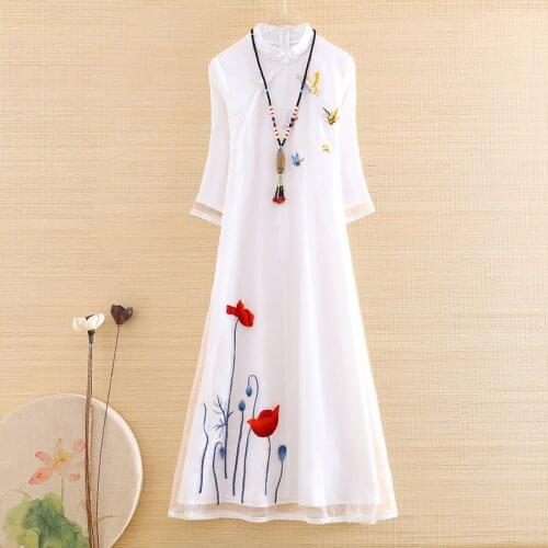 High-end Spring Organza Women Cheongsam Dress Retro Elegant Embroidery Butterfly Lotus Slim A-line Lady Party Qiapao S-XXL