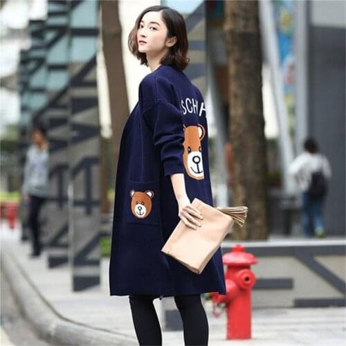 2019 New Pattern And Winter Suit-dress Little Bear Pattern Cardigan Loose Coat Girls Long Fund Easy Thin Knitting Upper Garment
