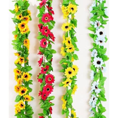 240cm sunflowers cane rattan artificial Silk Flowers Vine Garland wreath Green Plants Leaves Home wedding Party Fence Decoration
