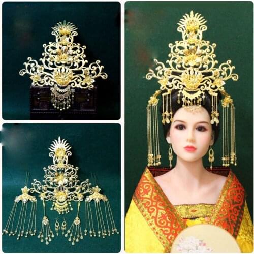 A224 High Tiara Ancient Chinese Princess Empress Hair Tiara Cosplay TV Play Photography Hair Accessories Vintage Handmade Tiara
