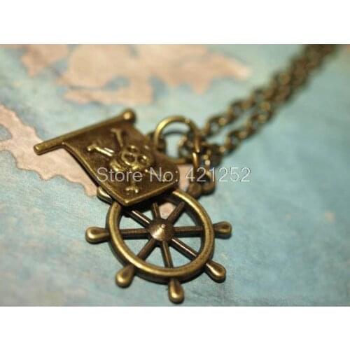 20pcs Pirates of the Caribbean, Captain Hook, Pirate Flag & Ships Wheel Bronze Charms Necklace