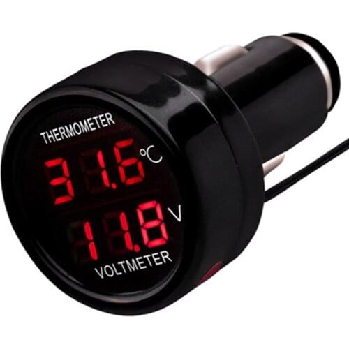 2 in 1 LED Digital Car Voltmeter Thermometer 12V USB Charger Cigarette Lighter Style Battery Monitor Voltage Temperature Meter
