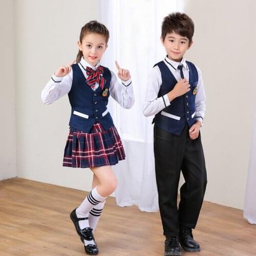 Childrens Chorus Costumes Student Boys and Girls Prestigious British Style Vest + Shirt + Skirt School Uniform Set