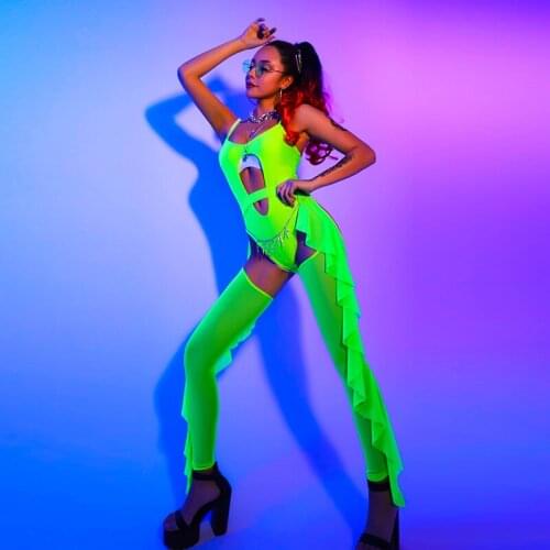Ds Performance Clothes Female New One-Piece Sexy Fluorescent Green Jumpsuit Dj Bar Gogo Dance Festival Stage Costumes DQS7203