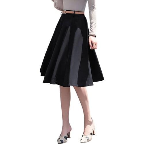 Elegant Women Black Skirt A-line Female High Waist Skirts Simple Knee Length Skirts
