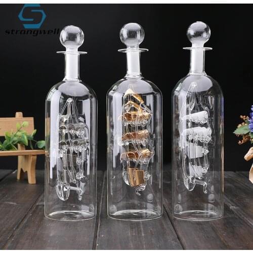Strongwell Ship Figurines In a Bottle Glass Boat Wood Base Decorative Vintage Room Decor Home Decoration Accessories Gifts