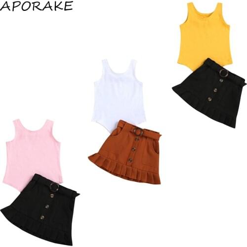 2021 0-4Y Fashion Kids Baby Girl Clothing Set Solid Color Sleeveless Romper+Button A-line Skirt With Belt Summer Outfits 2pcs