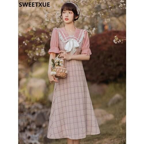 SWEETXUE Japanese Lolita Princess 2021 Women Summer Vintage Sweet Cute Kawaii Preppy Style Pan Peter Collar Plaid Dress Female