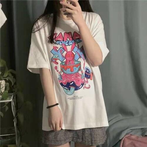 Summer Anime Printed Casual Harajuku Womens T-shirt Loose Plus Size Short-sleeved Girl Tops Vintage Streetwear Grunge Aesthetic