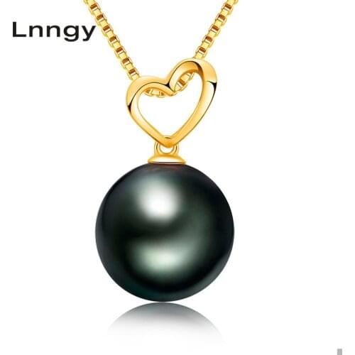 Lnngy 18K Solid Gold Black Pearl Pendant Necklace Hollow Heart Natural Tahitian Pearl Women Pendant with Silver Chain (Gifts)