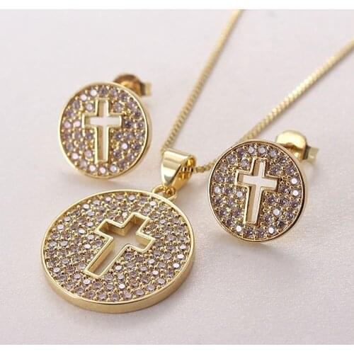 MHS.SUN Zircon Pendant Women Necklace Round Cross Stud Earrings Gold/Silver Color Chain Collier Religion Jewelry Men Gift 1Set