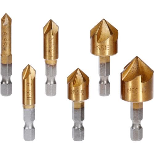 6 Pcs Countersink Drill Bit Set 1/4'' Hex Shank HSS 5 Flute Countersink 90 Degree Wood Chamfering Cutter Chamfer 6mm-19mm