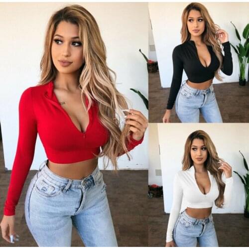 New Sexy Womens Long Sleeve Crop Top Ladies Zip Up Slim Fit T Shirt Tank Tops Blouse