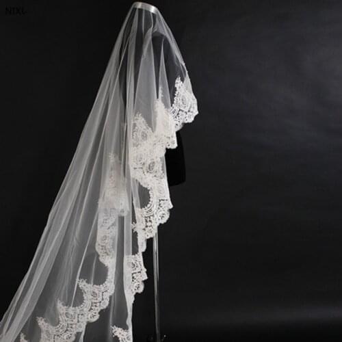 E JUE SHUNG One Layer Wedding Veil White Lace Appliques Edge Bridal Veils Ivory Cathedral Bride Veu Wedding Accessories