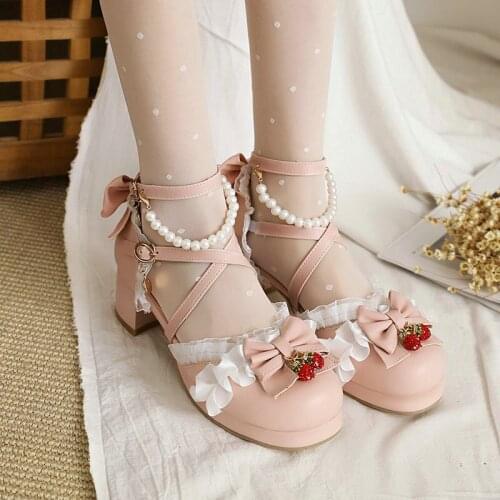 Princess Lolita Girls Party Dress Cosplay Wedding Shoes Women Sweet Mary Janes Pumps Chunky Med Heels Strawberry 34-48