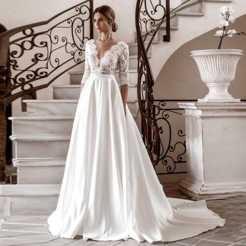 Princess Civil Wedding Dress For Bride With Half Sleeves Sexy V Neck Satin A Line Lace Bridal Gowns 2021 Summer Vestidos