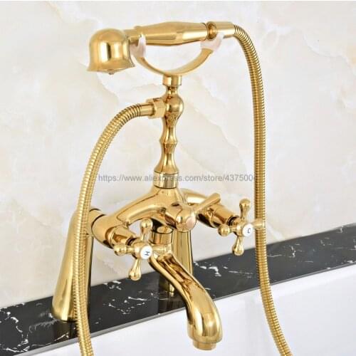 Bathroom Luxury Gold Color Brass Clawfoot Bathtub Faucet Deck Mounted Double Handle Tub Faucet With Handheld Showers Ntf774
