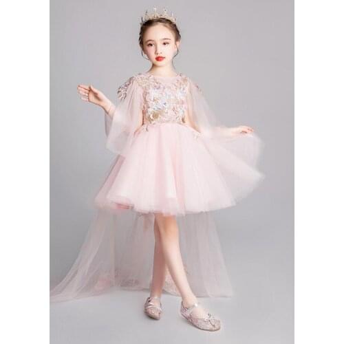 Pink Lace Teenagers Kids Girls Wedding Trailing Dress elegant Princess Party Pageant Christmas Formal Flower Dress Clothes